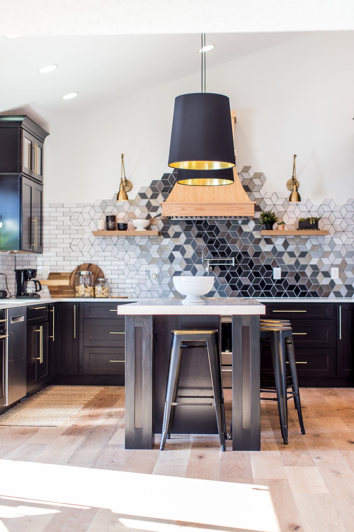 Gorgeous two story kitchen, granite countertops, pendant lighting, blue  mosaic backsplash tile, g…