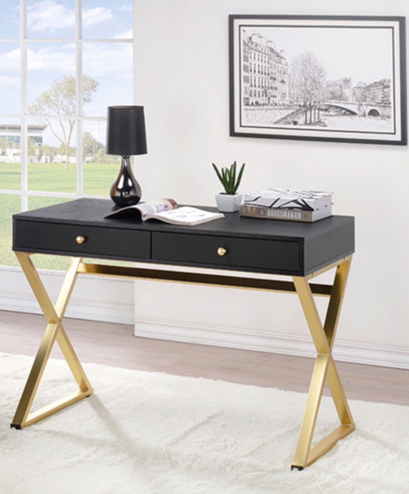 Manor Park Modern Grooved Drawer Writing Desk, Dark Walnut and Solid Black