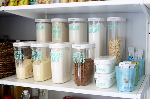 Stocked Kitchen Pantry With Food Pasta Buckwheat Rice And Sugar