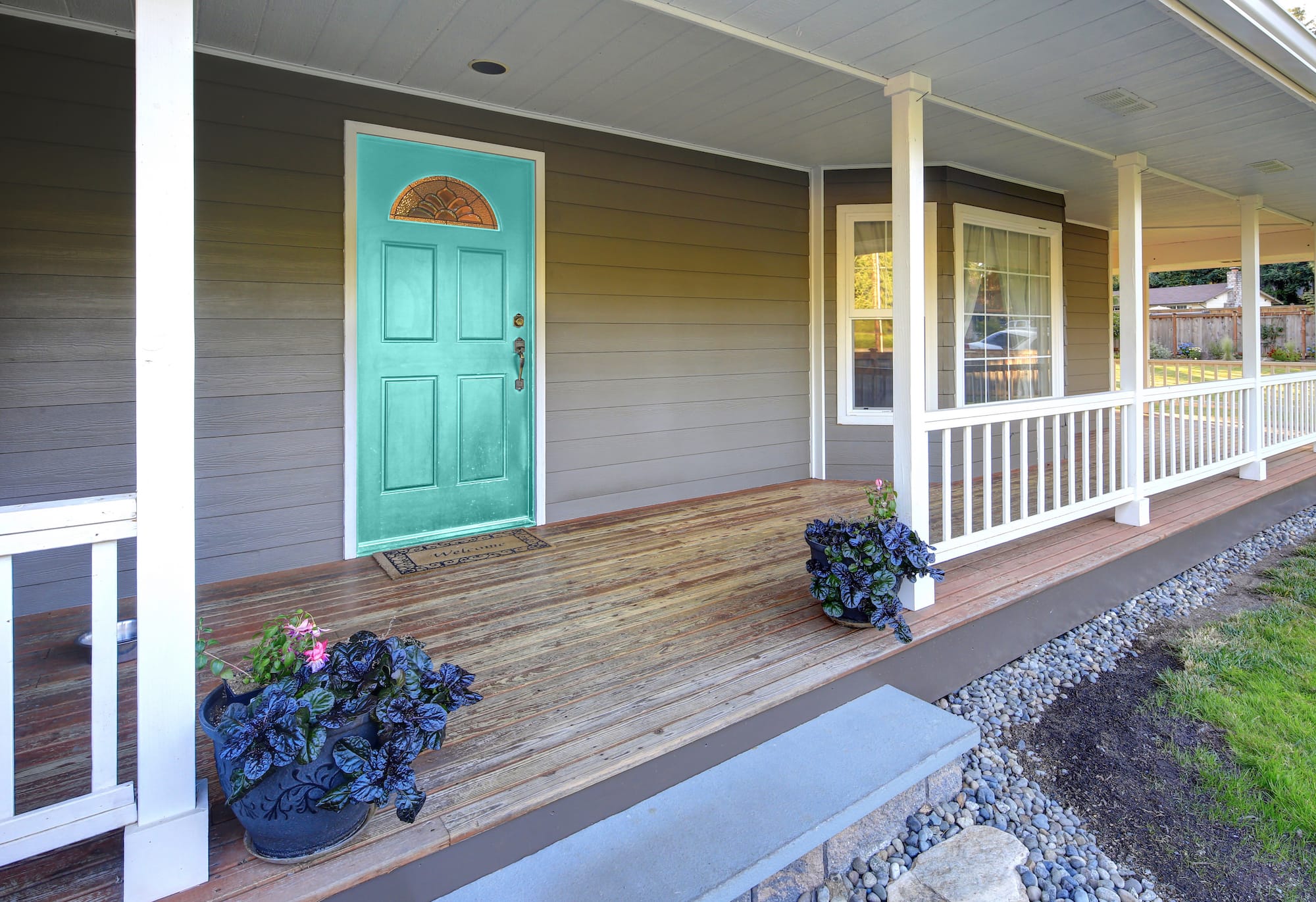 gray house brown door