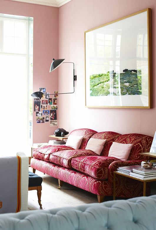 Traditional sitting room decor, interior design, red pink living