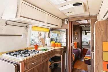 The kitchen inside the Airstream Trailer.