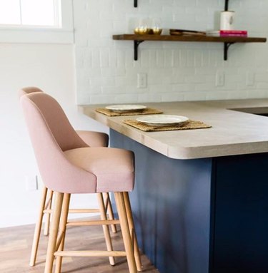 limestone countertops in kitchen with blue countertops