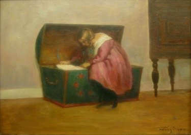 A painting by Poul Friis Nybo featuring a young girl in a pink dress looking inside her green hope chest