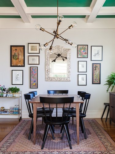 midcentury dining room with green ceiling