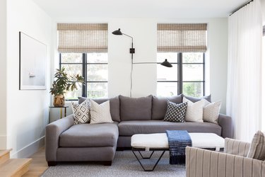 A living area with statement lighting