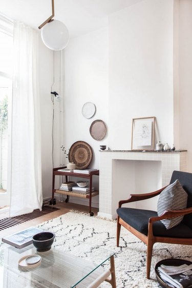 white living room with high ceiling