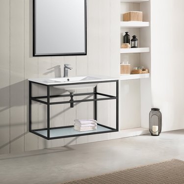 wall-mounted bathroom vanity with shelving