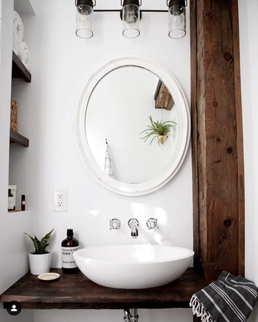 DIY bathroom vanity with live-edge wood plank