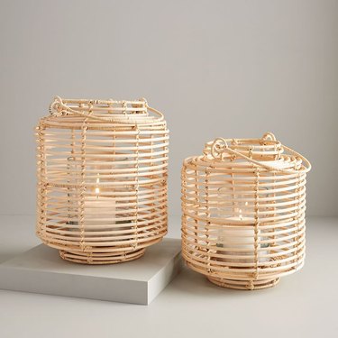Rattan lanterns with candles inside for bohemian living room