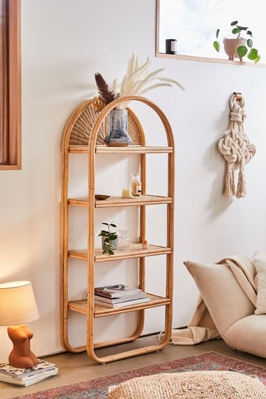 Rattan bookshelf for bohemian living room