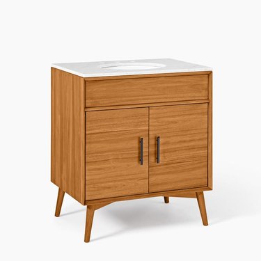 Wood midcentury small bathroom vanity with cabinets