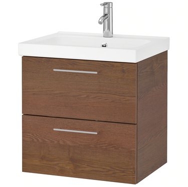 Wood and ceramic small bathroom vanity with sleek drawer pulls