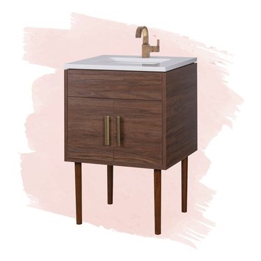 Modern small bathroom vanity with linear pulls and white subway tile