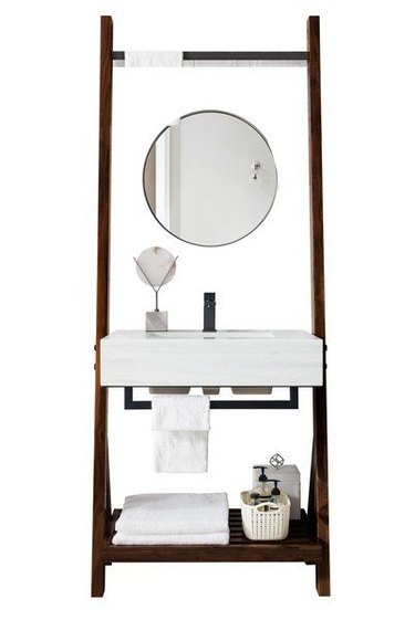 Ladder-style small bathroom vanity with white ceramic sink and storage