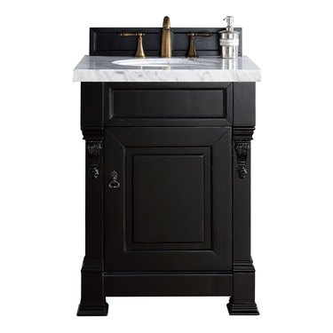 Vintage black small bathroom vanity with mouldings and cabinet