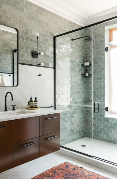 Modern Green Bathroom Makeover - Small Stuff Counts  Green bathroom decor,  Dark green bathrooms, Painted vanity bathroom