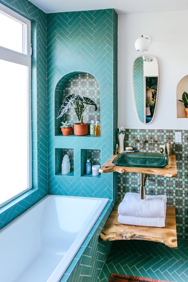 blue boho bathroom