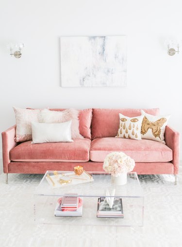 living room with custom pink velvet sofa