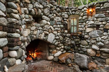 stone wall with fireplace
