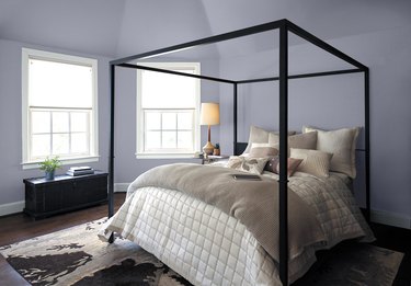 bedroom with black bed frame and pastel purple walls