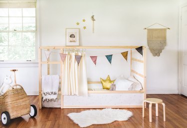 kids' bedroom idea with IKEA bed and sheepskin rug