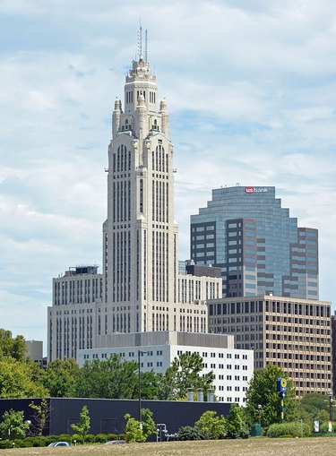 LeVeque Tower in Ohio seen from a distance with buildings nearby