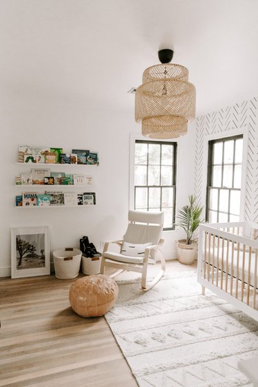 boho Nursery idea with IKEA furniture and woven pendant hanging from ceiling