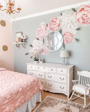 pink flower wall decal in pink and grey kids bedroom idea