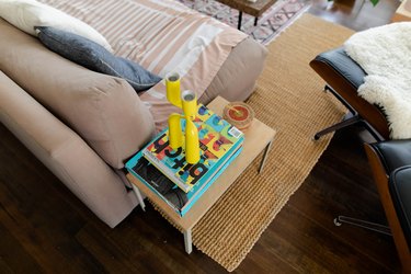 overhead shot of couch and side table