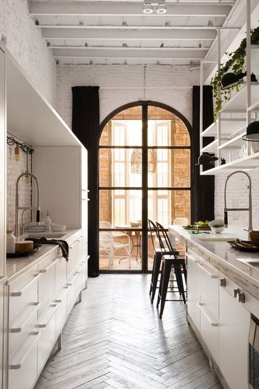 black and white galley kitchen