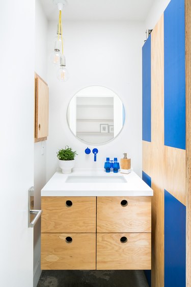 midcentury modern blue bathroom