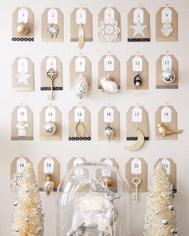 DIY advent calendar made using silver and gold ornaments