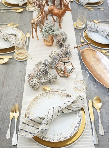 holiday tablescape with gold and silver