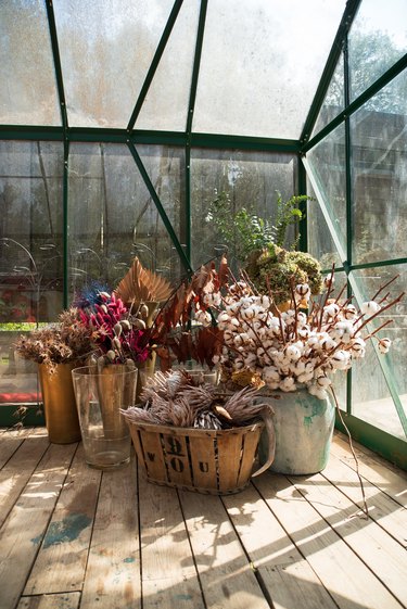 Bundles of flowers in greenhouse