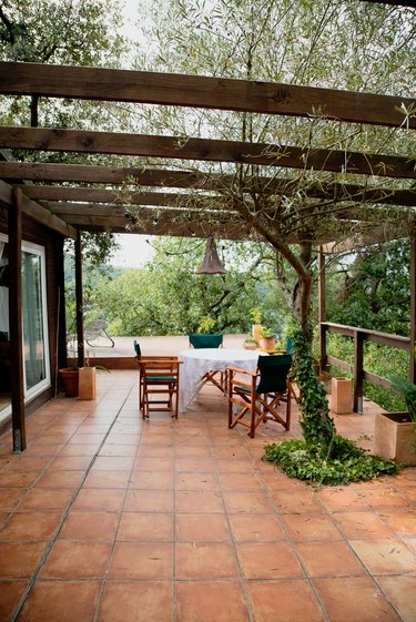 Outdoor patio with wood overhang in rustic setting