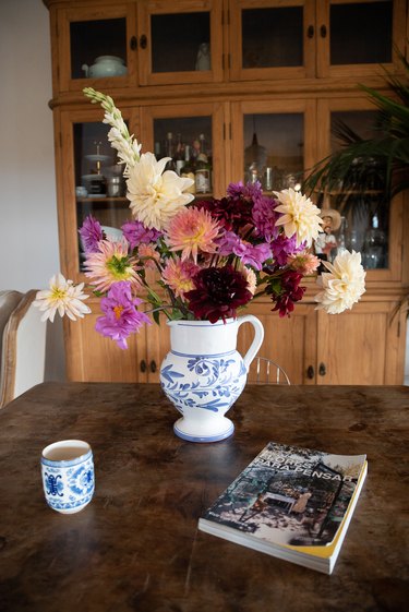 Bouquet of flowers in blue and white vase