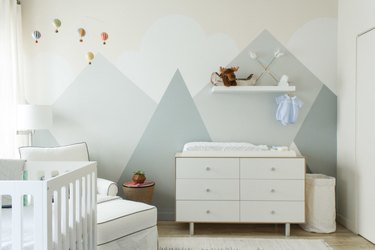 nursery idea for 2020 with blue geometric mural and white furniture