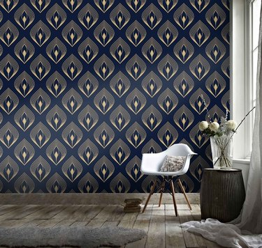 Blue and gold midcentury modern wallpaper with geometric shapes