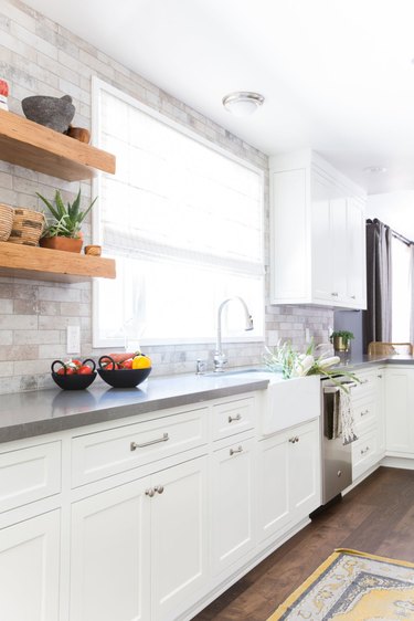 Stone bricks above a gray counter