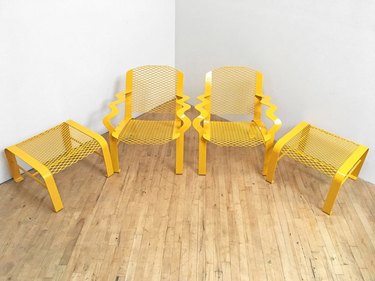 Memphis School Yellow Steel Chair and Ottomans (set of two), $1,200