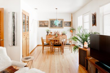 Bright dining room with wood table, plants and hardwood floors