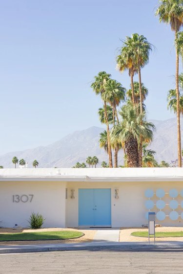 Blue midcentury modern front door with white exterior and palm trees