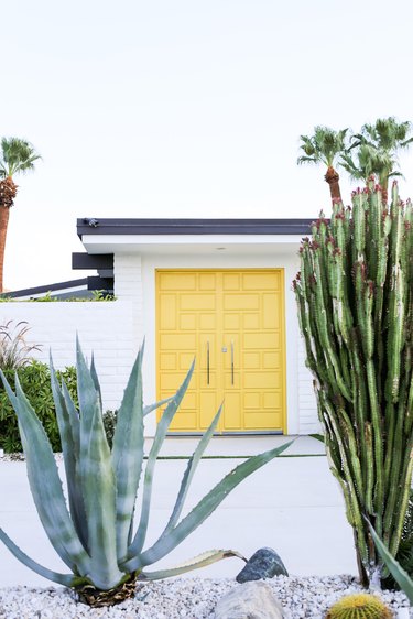 Yellow midcentury modern front door with square shapes and cacti