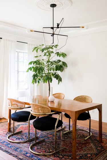 Cane cantilever chairs in a bohemian dining room