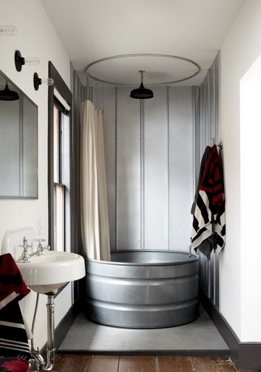 rustic bathtub shower combination with galvanized steel tub
