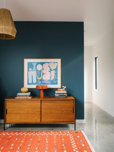 Teal and orange midcentury modern colors in playroom