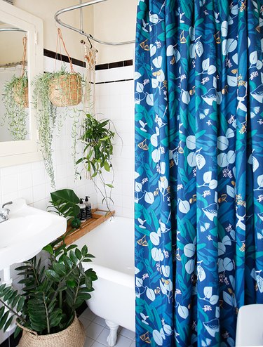 bohemian bathtub shower combination with blue shower curtain and hanging plants