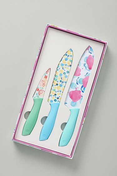 Three floral kitchen knives of different sizes
