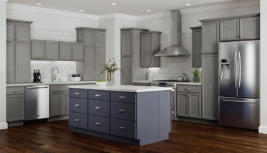 kitchen space with gray cabinets
